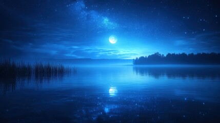 Serene Nightscape Dark Blue Lake Reflecting Starry Sky and Full Moon