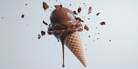 Melting chocolate ice cream cone mid-air against a bright white backdrop