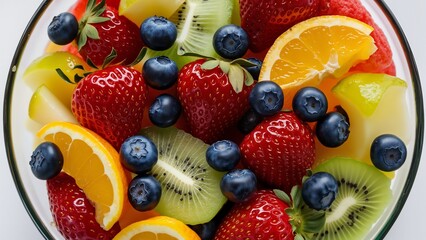 Obraz premium Colorful fruit salad in a glass bowl with fresh strawberries, blueberries, and citrus