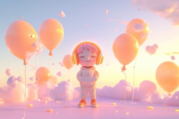 A cute 3D cartoon character enjoys listening to music amidst pastel-colored balloons and clouds at sunset.