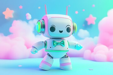 Fototapeta premium A cute, pastel-colored robot with a bow tie strolls through a dreamy, starlit cloudscape.
