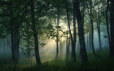 Obraz premium Morning mist over a waking spring forest