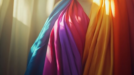 A colorful scarf is displayed in a row. The scarf is multicolored and has a rainbow pattern