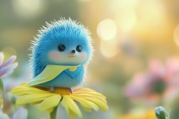 Naklejka premium Adorable blue hedgehog wearing a cape sits on a yellow flower in a dreamy garden.