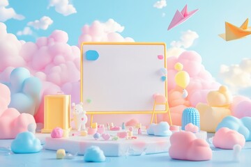 Fototapeta premium A whimsical 3D rendering of a pastel-colored classroom scene with clouds, paper airplanes, and cute characters.