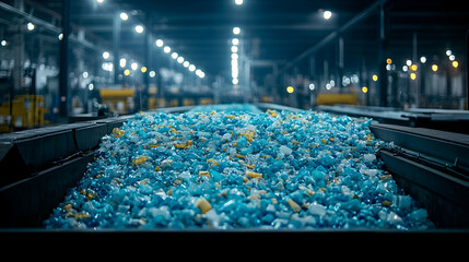 Plastic granules on conveyor belt in factory