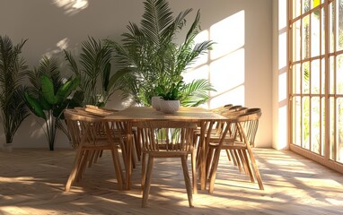 Modern minimalist wooden dining table with chairs in a bright room