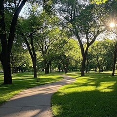 Fototapeta premium A tranquil park scene with a winding path, surrounded by vibrant green trees and sunlight streaming through the leaves.