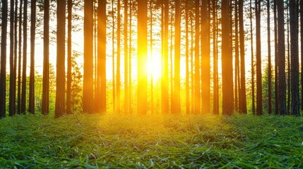 Obraz premium Serene Sunrise Through Lush Forest Trees in Natural Setting