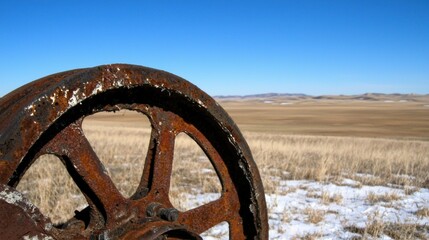 A rusted wheel in a field with snow.