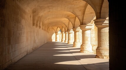 Sunlit Stone Hallway with Arched Passage and Columns