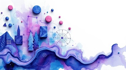 Obraz premium Abstract Blue Purple Landscape Art Geometric Shapes Watercolor Texture