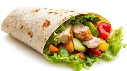 Tortilla wrap with chicken and vegetables isolated on a white background.