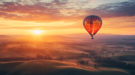 Obraz premium Majestic Sunrise Over Rolling Hills: Hot Air Balloon Adventure
