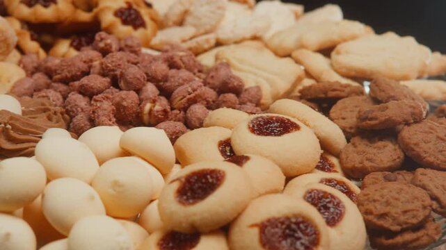 4k Close-up de bandeja de biscoitos amanteigados e petit four com movimento
