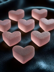 Obraz premium Pink heart candies on dark fabric