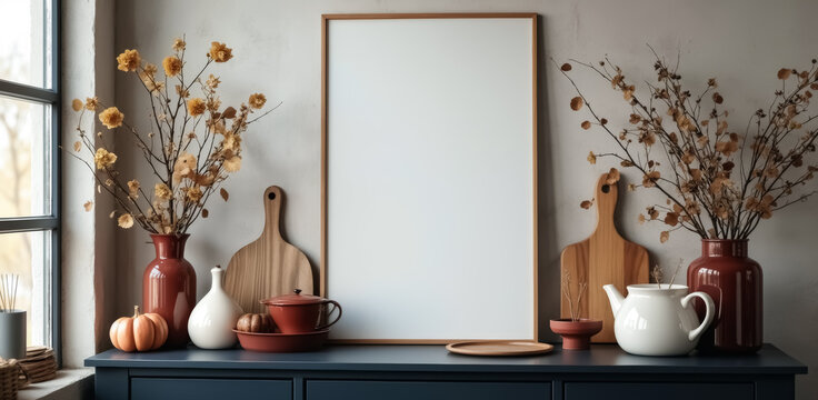 dried flowers and wooden cutting boards create an autumnal still life on a dark sideboard