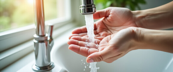 close-up of hands receiving water from a faucet