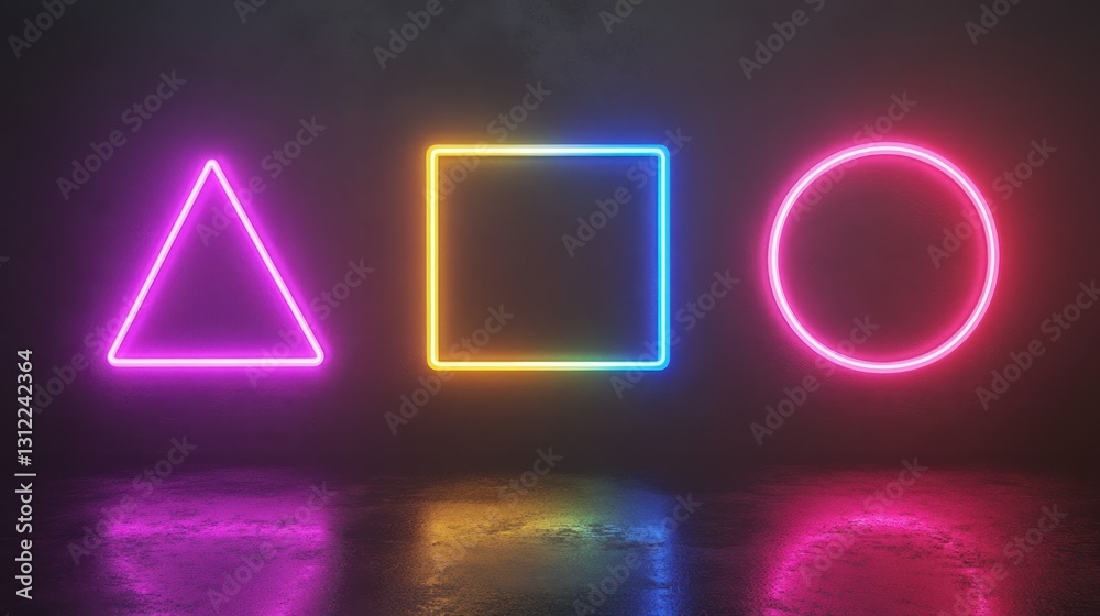 Canvas Prints neon geometric shapes on dark background with reflective surface