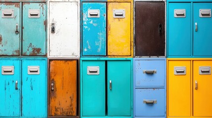 A collection of old, weathered metal lockers in various colors and styles.