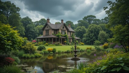 Historic Mansion Surrounded by Lush Garden and Pond Under Dramatic Stormy Sky