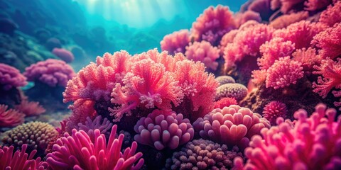 Retro pink coral reef: vibrant vintage underwater scene, showcasing diverse sea life.
