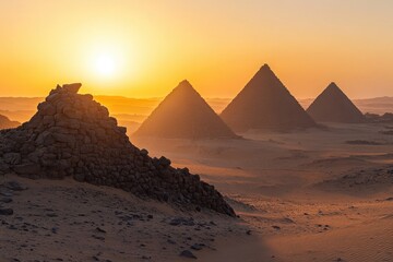 A pyramid complex in Egypt at dawn . A stunning view of the Sahara pyramids, showcasing their majestic structures against a clear blue sky.