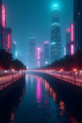 Futuristic Cyberpunk Cityscape at Night with Neon-Lit Skyline and Flowing River Phone Wallpaper