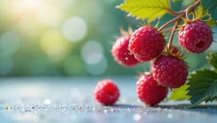 Close-Up of Fresh Raspberries on a Branch with Dew Drops Glimmering in Natural Light