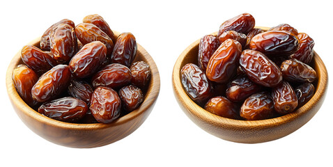 Dried dates in a wooden bowl on a transparent background. high resolution PNG file
