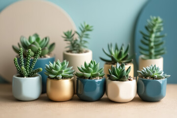 eight succulents in blue and gold pots