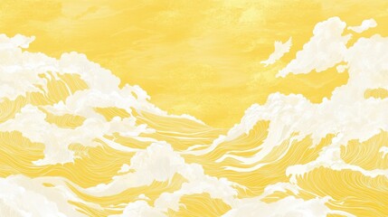Yellow wallpaper featuring a pattern of clouds and waves, creating a cheerful and whimsical design.