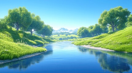 A scenic river flows through a vibrant and lush green landscape
