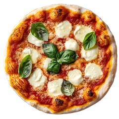 Margherita Pizza with Fresh Basil and Mozzarella, Top-Down View, Isolated on White Background