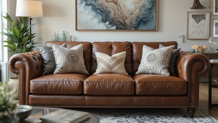 Elegant Leather Sofa with Decorative Pillows in a Modern Living Room Setting