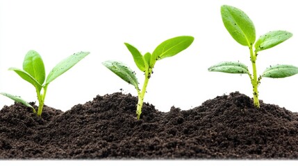 Fototapeta premium Young green plants emerging from rich soil, isolated against a clean white background, symbolizing growth and renewal.