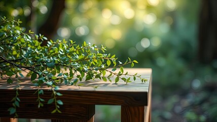 Lush Green Branch on Wooden Table Nature Background Spring