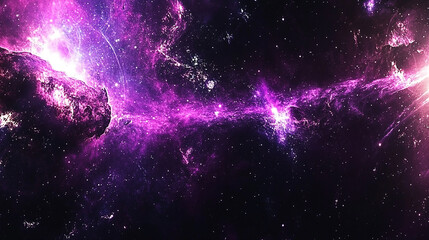 Vibrant cosmic landscape featuring swirling purple nebulae and distant stars in deep space
