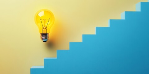 A vibrant yellow light bulb against a yellow and blue background with a staircase design, symbolizing innovation and creative ideas.