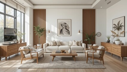 Contemporary Living Room Interior with Natural Light and Wooden Furniture in a Modern Home