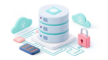 digital illustration of secure data storage system features server, cloud icons, and padlock, symbolizing data protection and cybersecurity