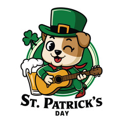 A cartoon panda leprechaun is playing an acoustic guitar with a St. Patrick's Day theme