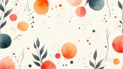 Watercolor painting pattern featuring orange and blue leaves with hand-drawn doodle elements on beige background