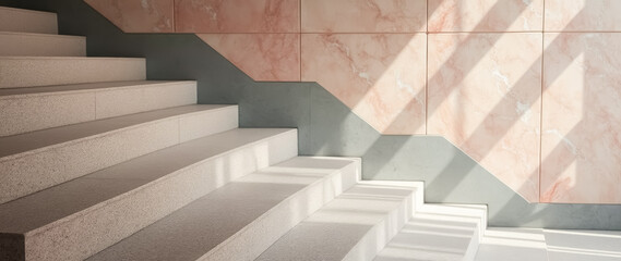 Obraz premium modern staircase with light beige textured steps against a pink marble wall