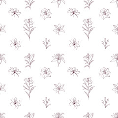 Elegant seamless floral pattern with hand drawn lilies in fine line art style. Minimalist botanical design for fabric, wallpaper, and wrapping paper.