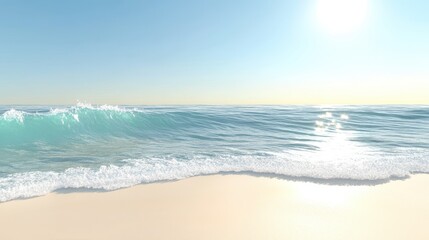 Obraz premium A 3D render of a summertime beach scene featuring golden sand, gentle waves, and a clear, sunny sky.