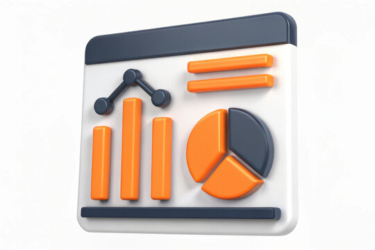 3D icon depicting data analysis with bar chart, pie graph, and line graph elements in orange and gray colors, symbolizing business analytics and statistics