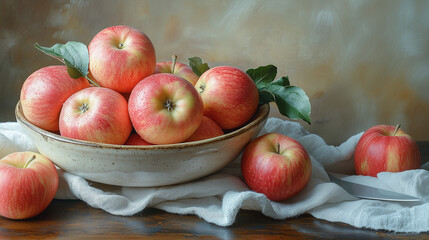 Red Apples Still Life with Textured Bowl and Soft Light on a Dark Wooden Table Featuring Fresh Harvest Colors and Natural Textures with Rustic Background