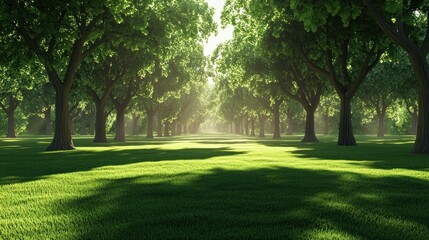 Naklejka premium A scenic park with lush green grass and tall trees