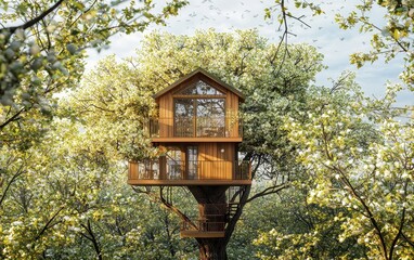 Modern Treehouse Surrounded By Fresh Green Spring Leaves